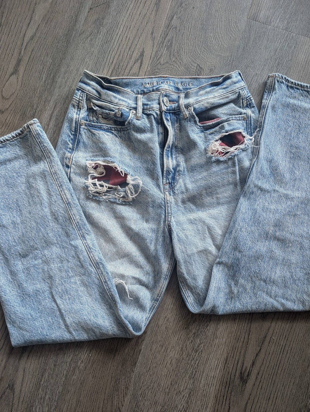 Wide Straight Leg Light Blue, Red Flannel Peekabo Boyfriend Jeans